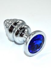 Ребристая анальная пробка Silver Medium с синим кристаллом