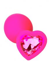 Розовая анальная пробка Silicone Medium с розовым кристаллом в форме сердца