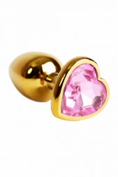 Золотая анальная пробка Metal Small Heart с нежно-розовым кристаллом